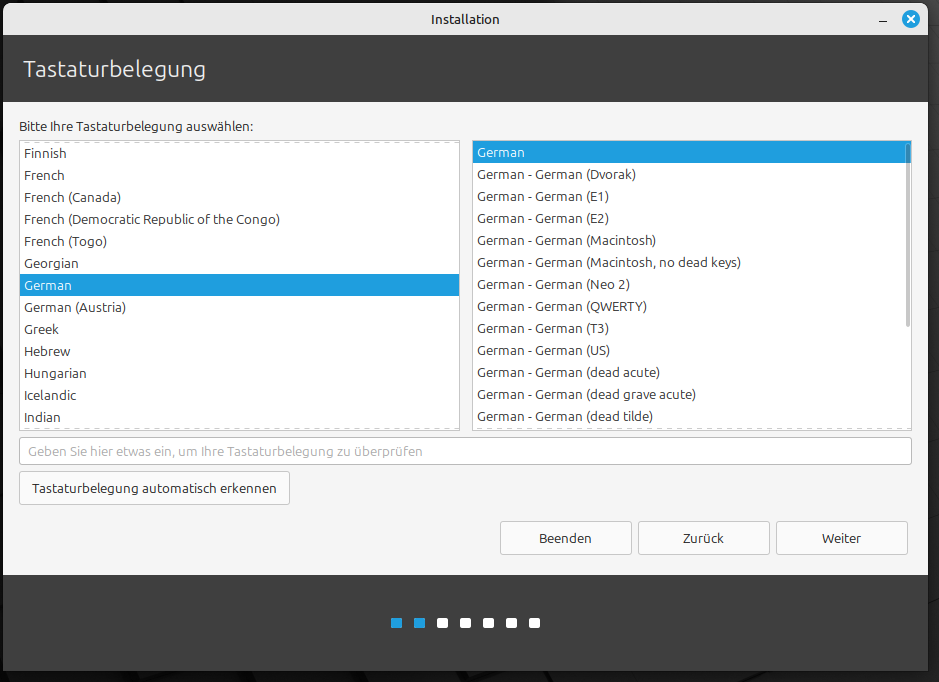 Linux Mint Xia Installation - Tastaturbelegung auswählen. 